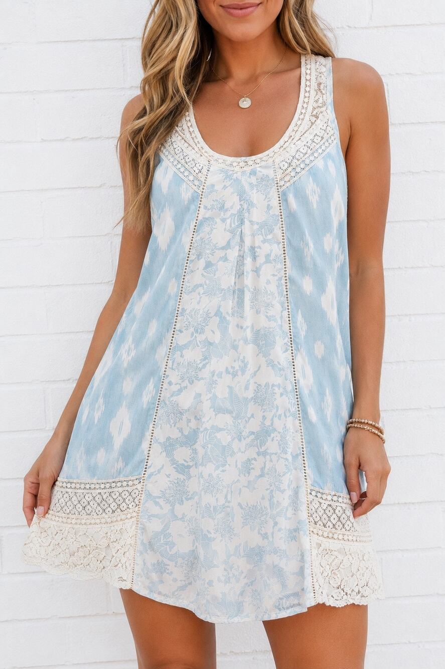 Hint of Mint Womens L Boho Tunic Dress Blue White Lace Sleeveless Razorback